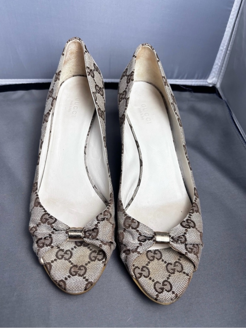 Gucci Beige/Brown GG Canvas Bow Flats